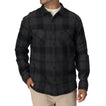 Man wearing a black and gray Reggie Flannel Shirt front view, showcasing soft brushed cotton fabric from StoreRank.ai All Products.