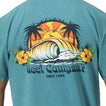 Back view of Kyle Short Sleeve Tee in sun-faded blue with vintage surf wave and palm tree graphic for beach comfort.