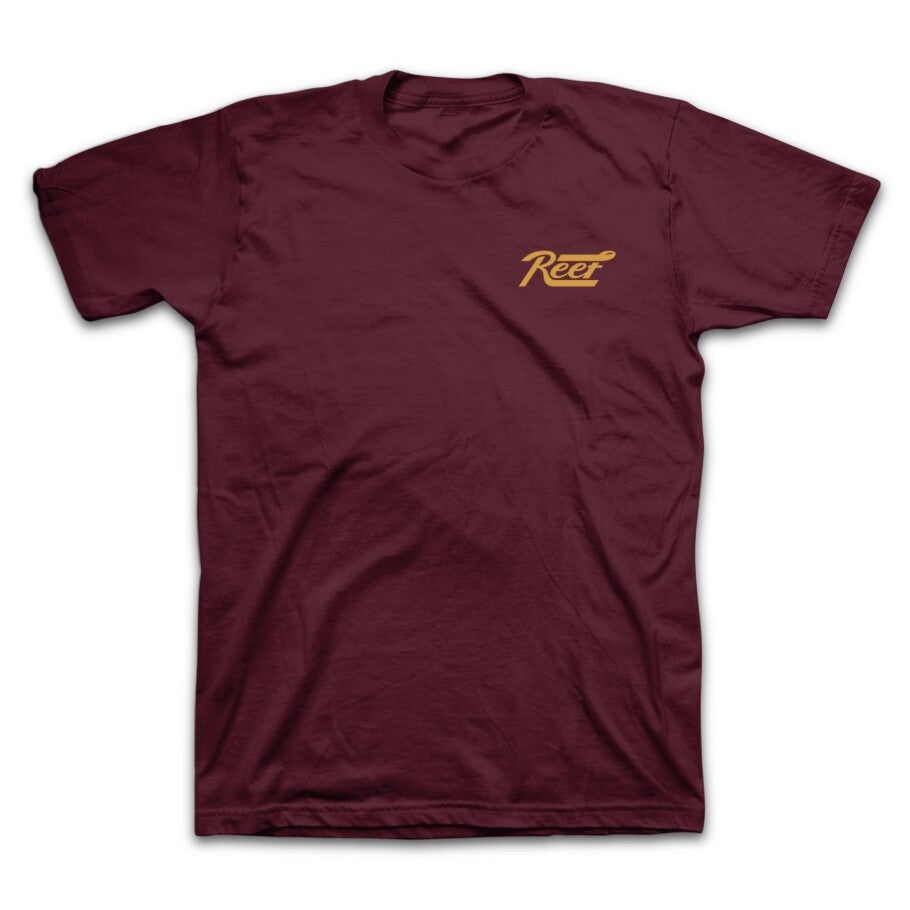 Maroon Fasten Short Sleeve Tee laid flat, showing vintage Reef logo on chest, lightweight comfortable beach apparel.