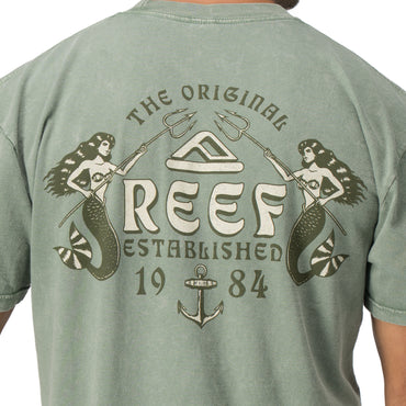 Back view of Twining Short Sleeve Tee featuring vintage Reef logo with mermaids and anchor on faded green fabric.