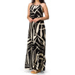 Woman wearing Tori Linen Maxi Dress with black and white abstract print, standing in full length, front view, StoreRank.ai All Products.