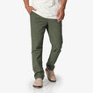 Men wearing Matthew Twill Pant in olive green, with beige shoes facing forward, showcasing comfort and casual style.