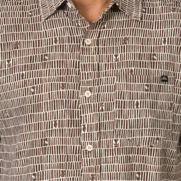 Ferris Classic Shirt close-up showing textured brown pattern, button front, chest pocket, and collar for men’s beach apparel.