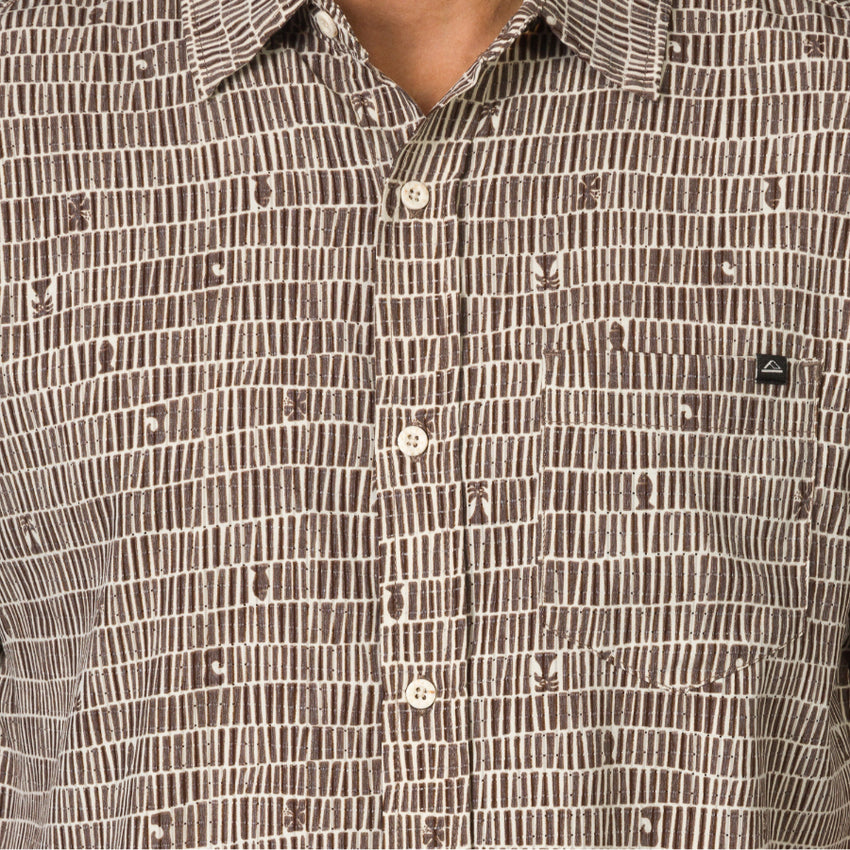 Ferris Classic Shirt close-up showing textured brown pattern, button front, chest pocket, and collar for men’s beach apparel.