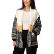 Hazy Sweater Cardigan worn by model showing oversized fit, colorblocking, patch pockets, textured knit, StoreRank.ai All Products collection.
