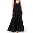 Model wearing a black Yuni Maxi Dress with deep notched neckline and tie detail, full length, front view, StoreRank.ai All Products