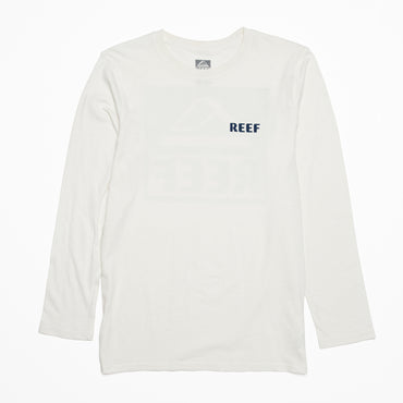 Wellie 24 Long Sleeve Tee front view white soft cotton tee with REEF logo, designed for beach comfort and durability.