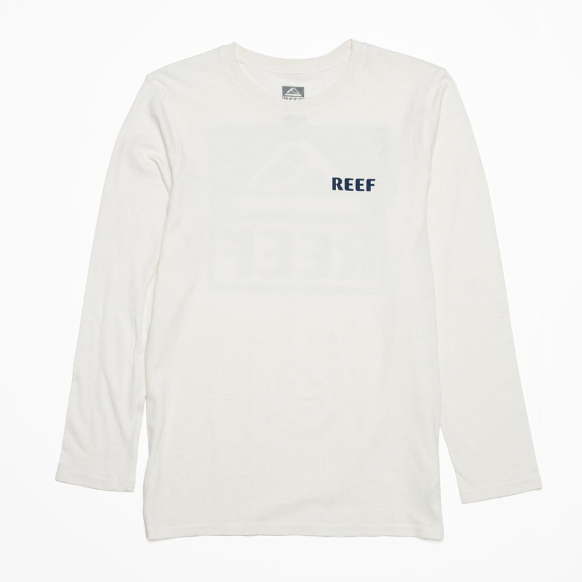 Wellie 24 Long Sleeve Tee front view white soft cotton tee with REEF logo, designed for beach comfort and durability.