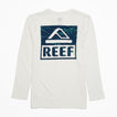 White Wellie 24 Long Sleeve Tee shown from the back with large blue REEF logo, lightweight beach-inspired apparel.