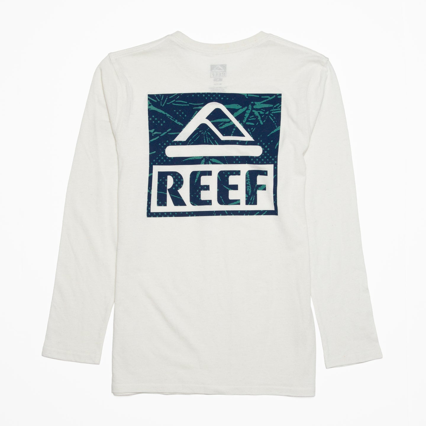 White Wellie 24 Long Sleeve Tee shown from the back with large blue REEF logo, lightweight beach-inspired apparel.