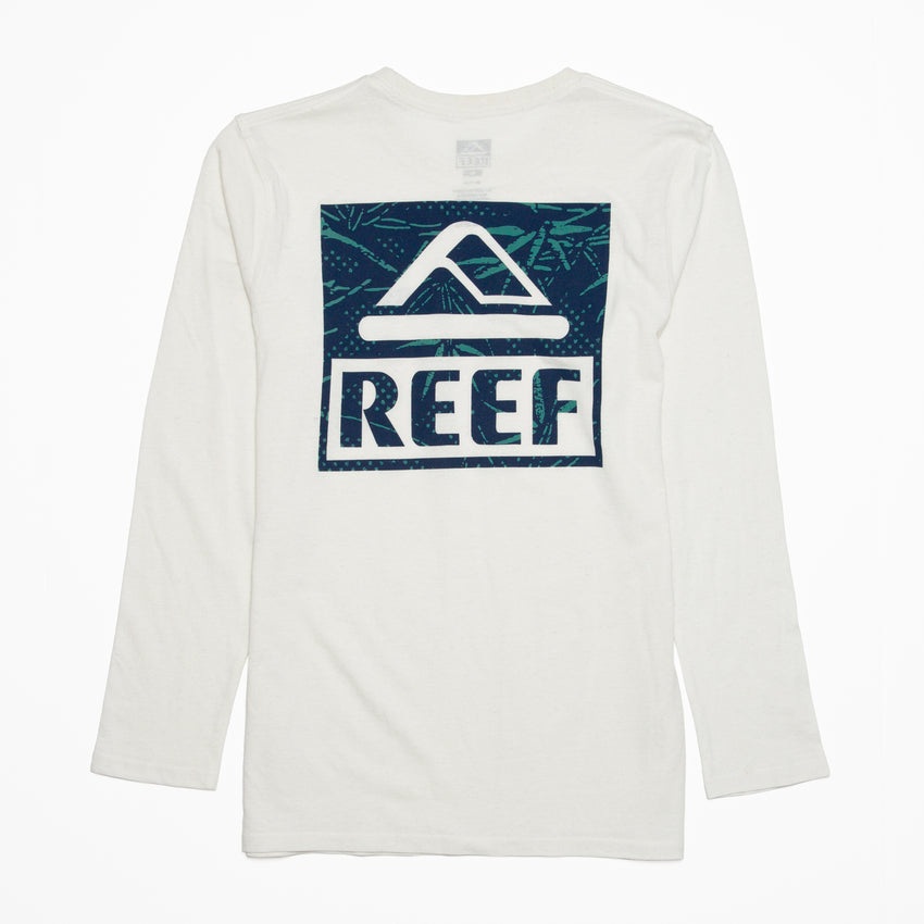 White Wellie 24 Long Sleeve Tee shown from the back with large blue REEF logo, lightweight beach-inspired apparel.