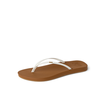 Cushion Slim women's sandal facing right, white straps with tan cushioned footbed, surf-inspired comfort and arch support.