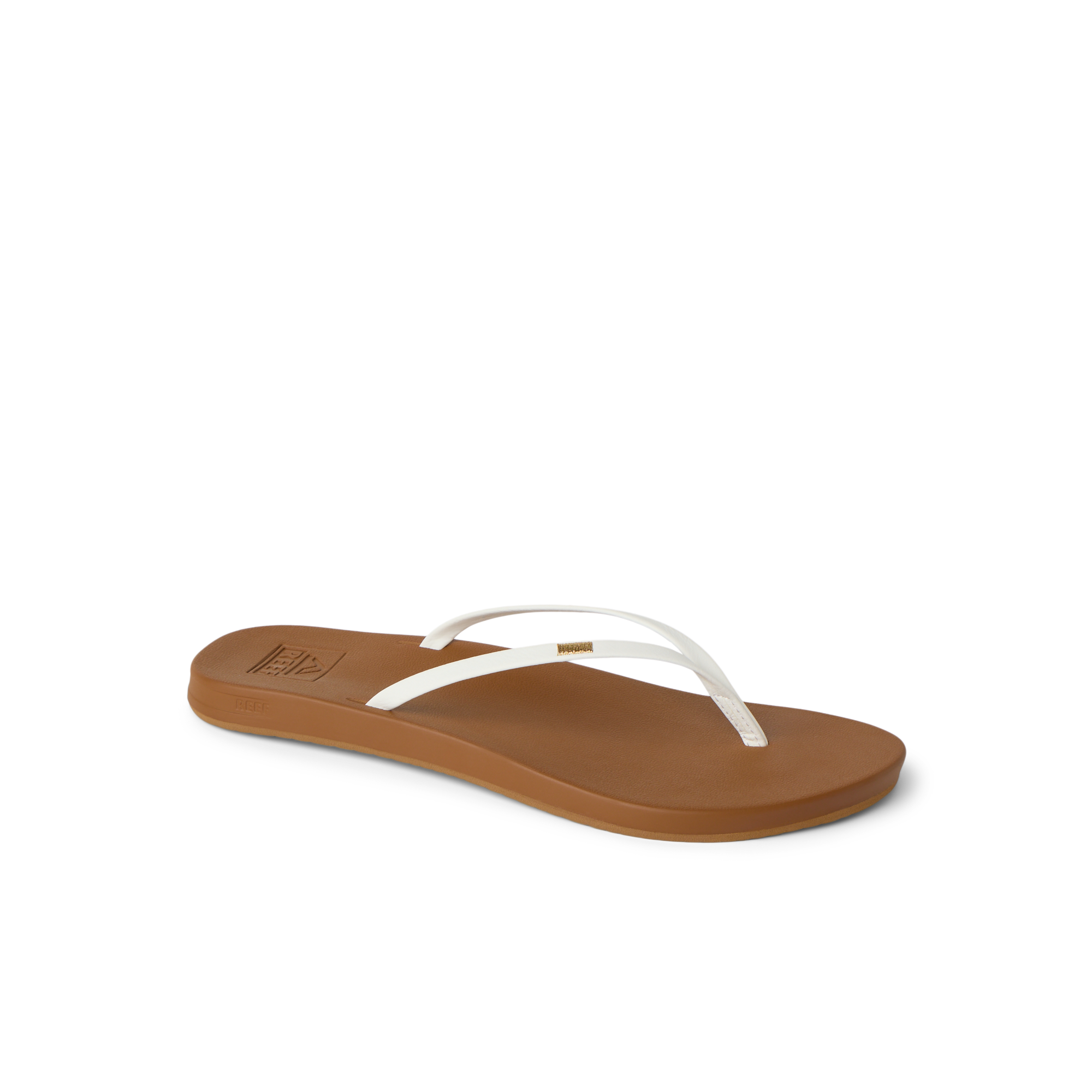 Cushion Slim white and tan flip flop facing right with anatomical arch support and soft cushioning for beach comfort.