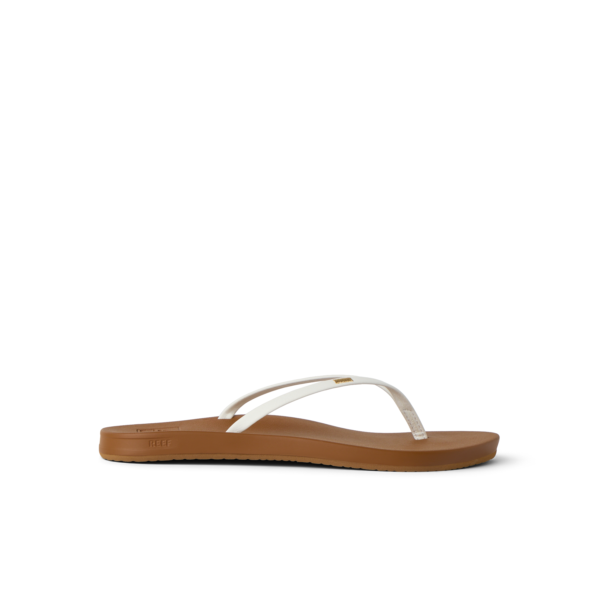 Cushion Slim white and tan women's flip flop facing left, showcasing water-friendly lightweight comfort and arch support.