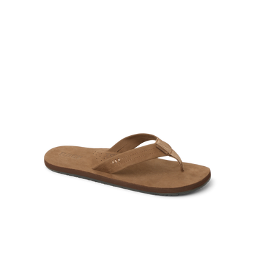 Reef Draftsmen men's brown sandal facing left, close-up on cushioned footbed with arch support for beach comfort