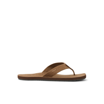 Reef Draftsmen brown men's sandal facing left with soft-rebound cushioning and anatomical arch support for beach comfort.