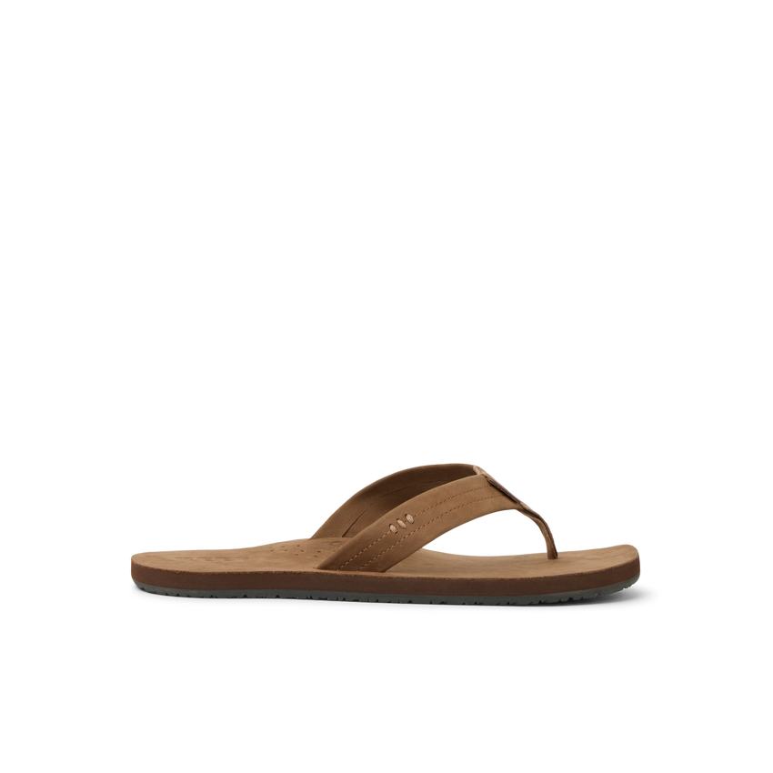 Reef Draftsmen brown men's sandal facing left with soft-rebound cushioning and anatomical arch support for beach comfort.