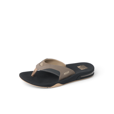 Fanning men's brown and black flip flop facing right with padded liner, heel airbag, and water-friendly outsole for all-day comfort