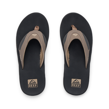 Fanning men's flip flop pair top view with synthetic nubuck straps and cushioned footbed for beach-ready comfort