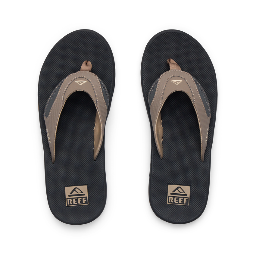 Fanning men's flip flop pair top view with synthetic nubuck straps and cushioned footbed for beach-ready comfort