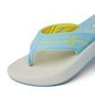 Close-up of the front right side of the Cruiser sandal in light blue and yellow showing soft-rebound cushioning and anatomical arch support.