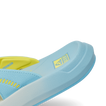 Close-up of the left front side of the Cruiser sandal in light blue and yellow, showing cushioned sole and arch support.