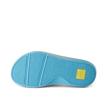 Bottom sole view of the Cruiser men's sandal in light blue and yellow, featuring water-friendly, durable comfort design.