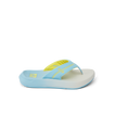 Cruiser sandal facing right, close-up of light blue and yellow slip-on with cushioned arch support and water-friendly sole.