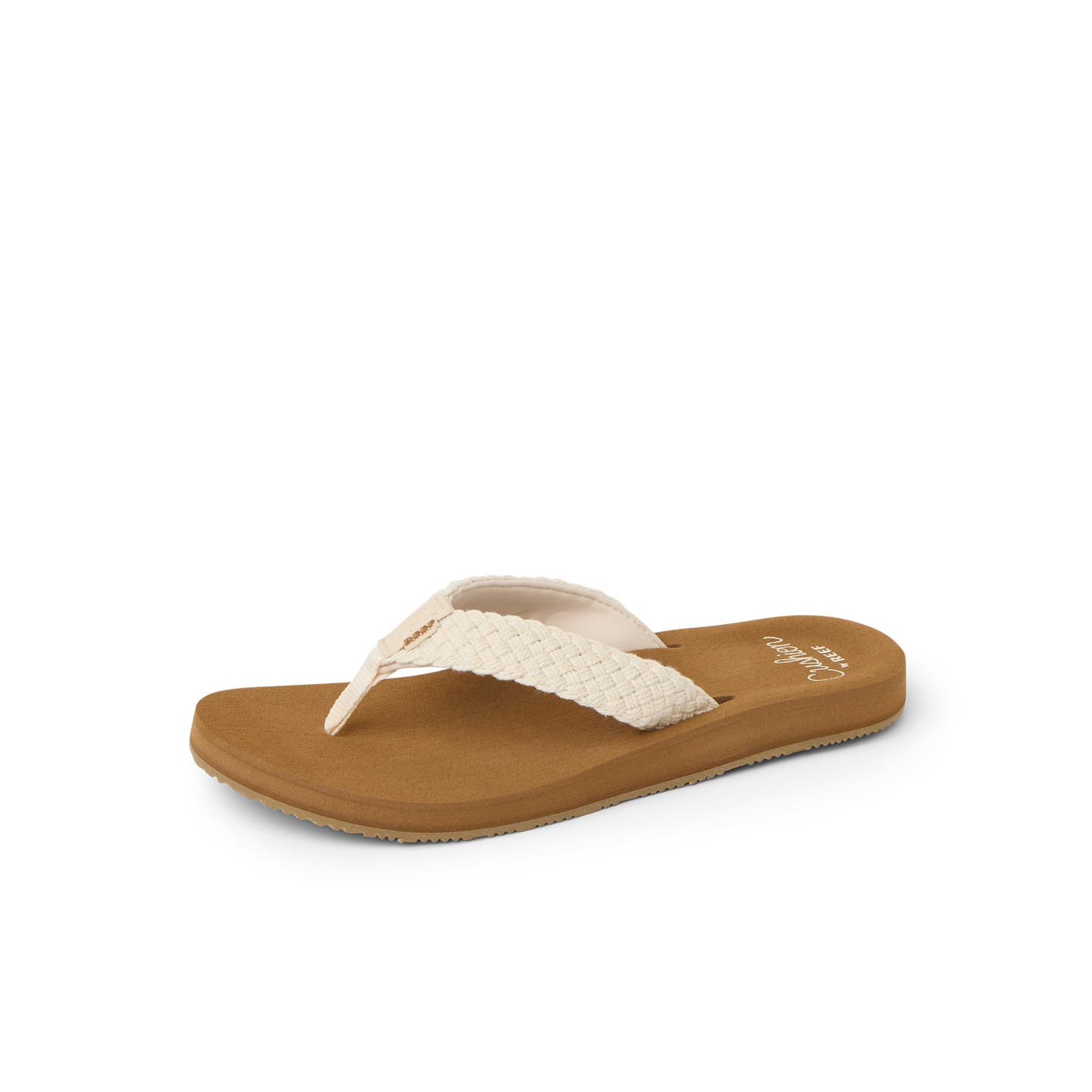 Baja Maria women's sandal facing left, close-up of soft cushioned footbed and woven cream strap for beach comfort.