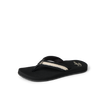 Baja Maria women's black flip flop facing left, close-up of toe strap with cushioned arch support for beach comfort