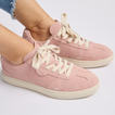 Boardwalk Callie women's pink sneakers facing right, close-up of shoes with laces and cushioned sole for beach comfort.
