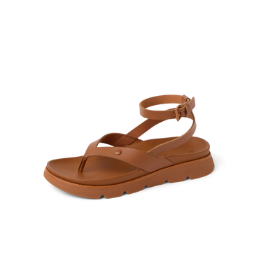 Vista Luxe Sierra women's brown leather sandal facing right, showing cushioned footbed and adjustable ankle strap.