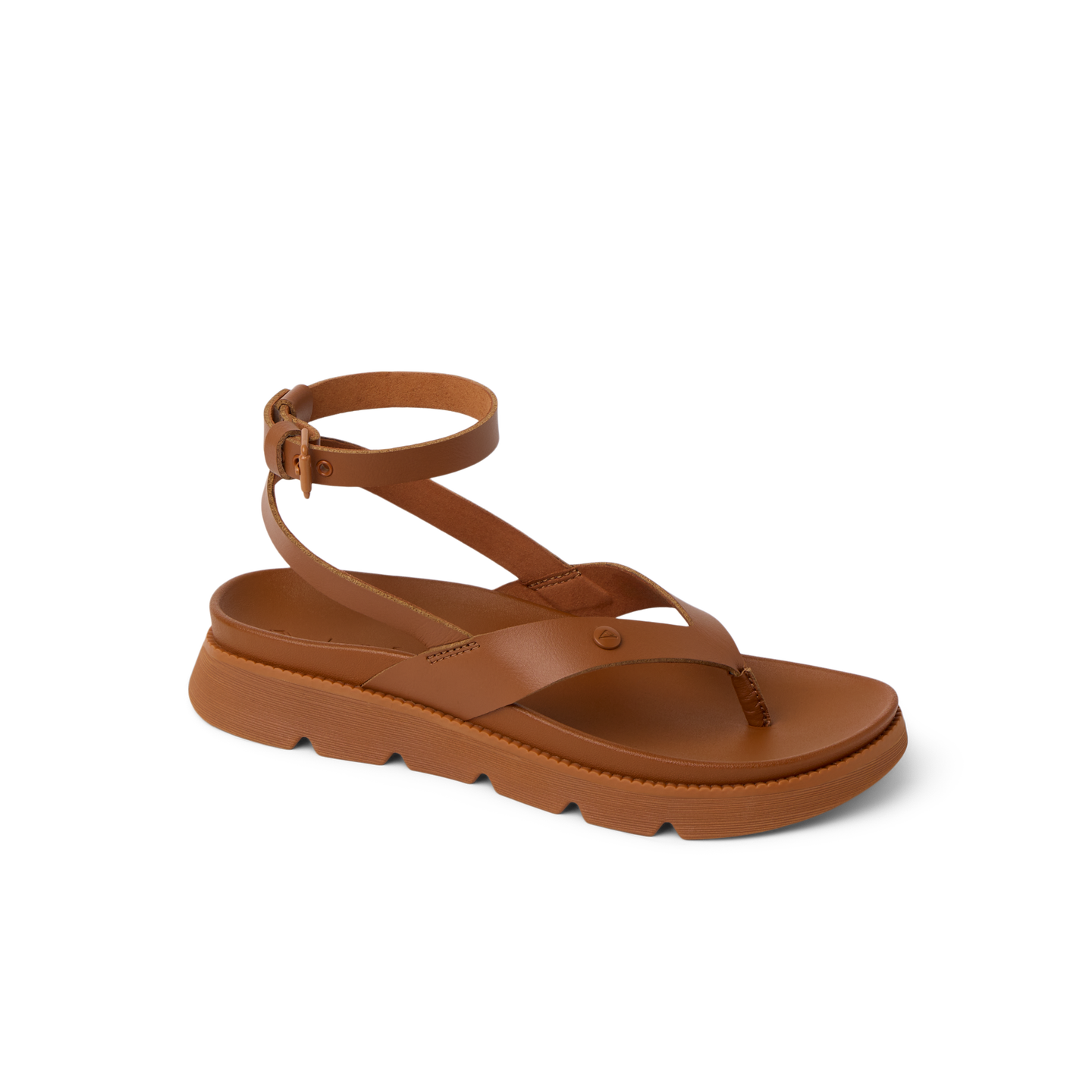Vista Luxe Sierra women's brown leather sandal facing left, ankle strap, soft-rebound cushioning, beach-inspired comfort.
