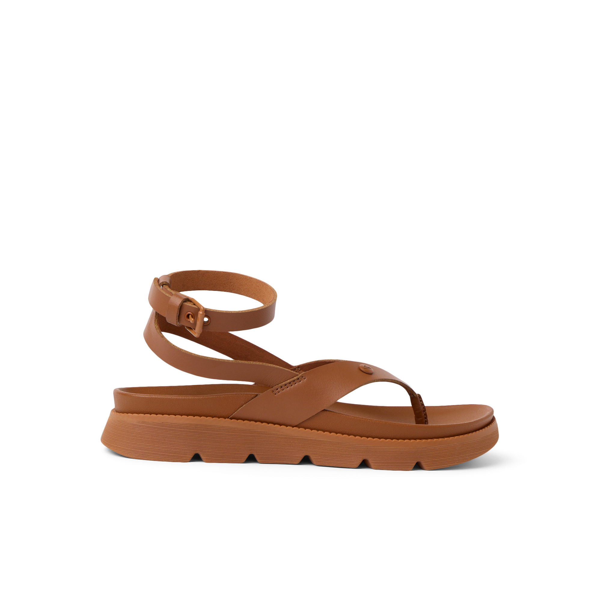 Vista Luxe Sierra sandal facing right, brown leather, ankle strap, soft-rebound cushioning, anatomical arch support beach shoe