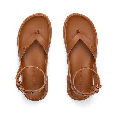 Vista Luxe Sierra women's brown leather sandals top view, facing forward, beach-inspired comfort and durability.