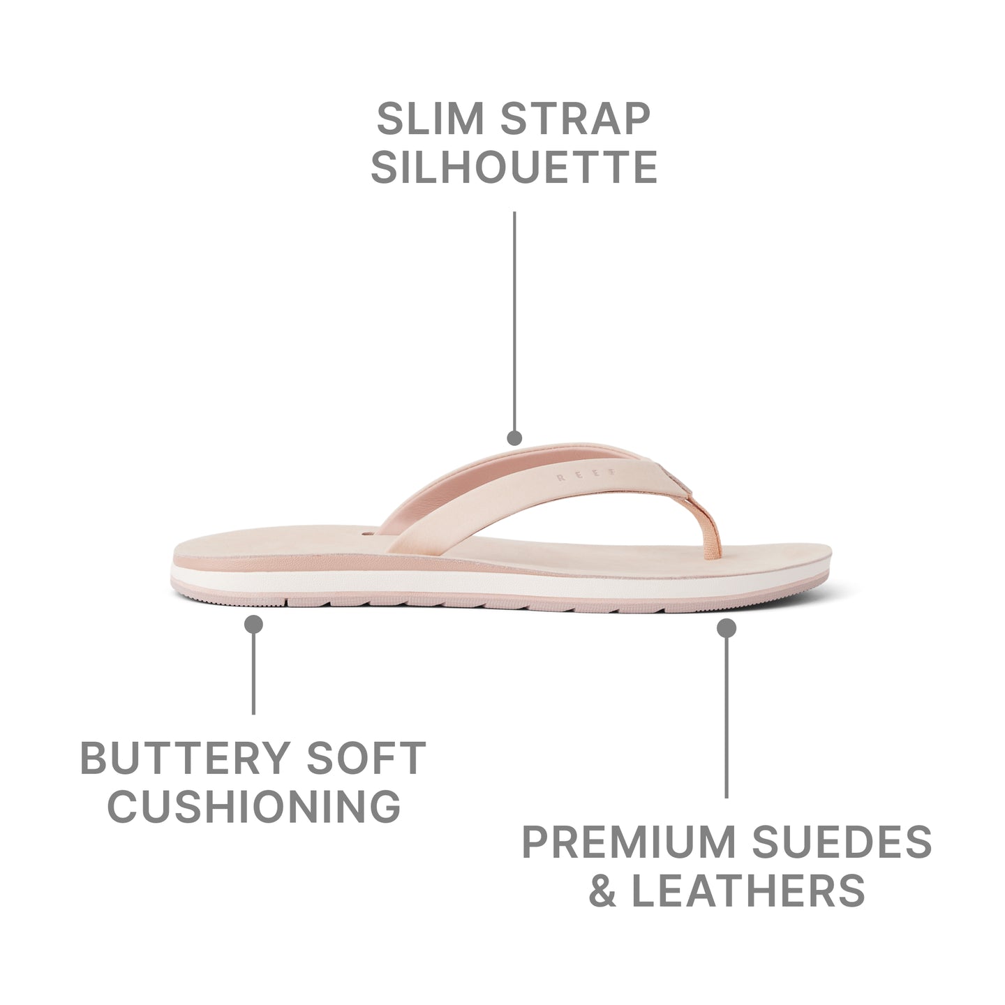 Side view of Ojai Classic Slim sandal for women in soft pink with slim strap, cushioned sole, and premium suede leather