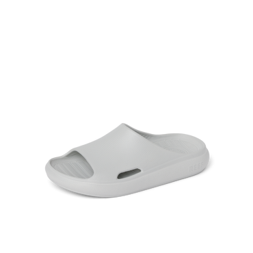 Kids Rio Slide in light grey facing right, close-up of top and outer side showing water-friendly, cushioned, arch-support design.
