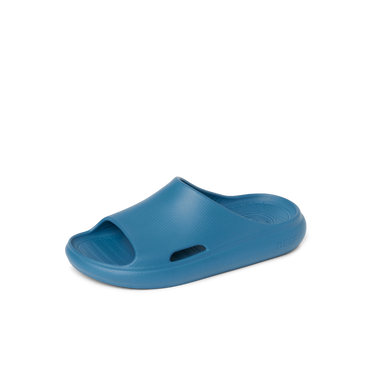 Kids Rio Slide in blue, right-facing, close-up of top and side, featuring soft cushioning and water-friendly design.