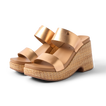 Sunset Ibiza women's sandals facing right, rose bronze straps with cushioned footbed and woven platform heel for comfort.