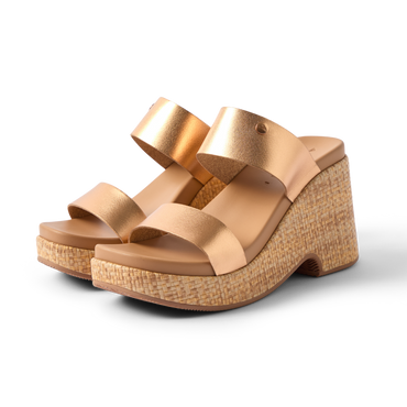 Sunset Ibiza women's sandals facing right, rose bronze straps with cushioned footbed and woven platform heel for comfort.