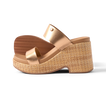 Sunset Ibiza women's sandal facing right with bronze straps, cushioned footbed, and woven platform heel for beach comfort.