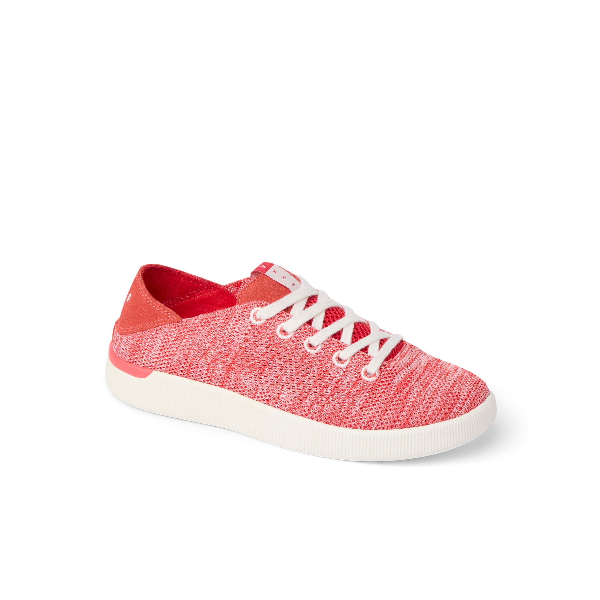 Reef Neptune women's sneaker facing right, close-up of knit fabric upper with white laces and cushioned sole