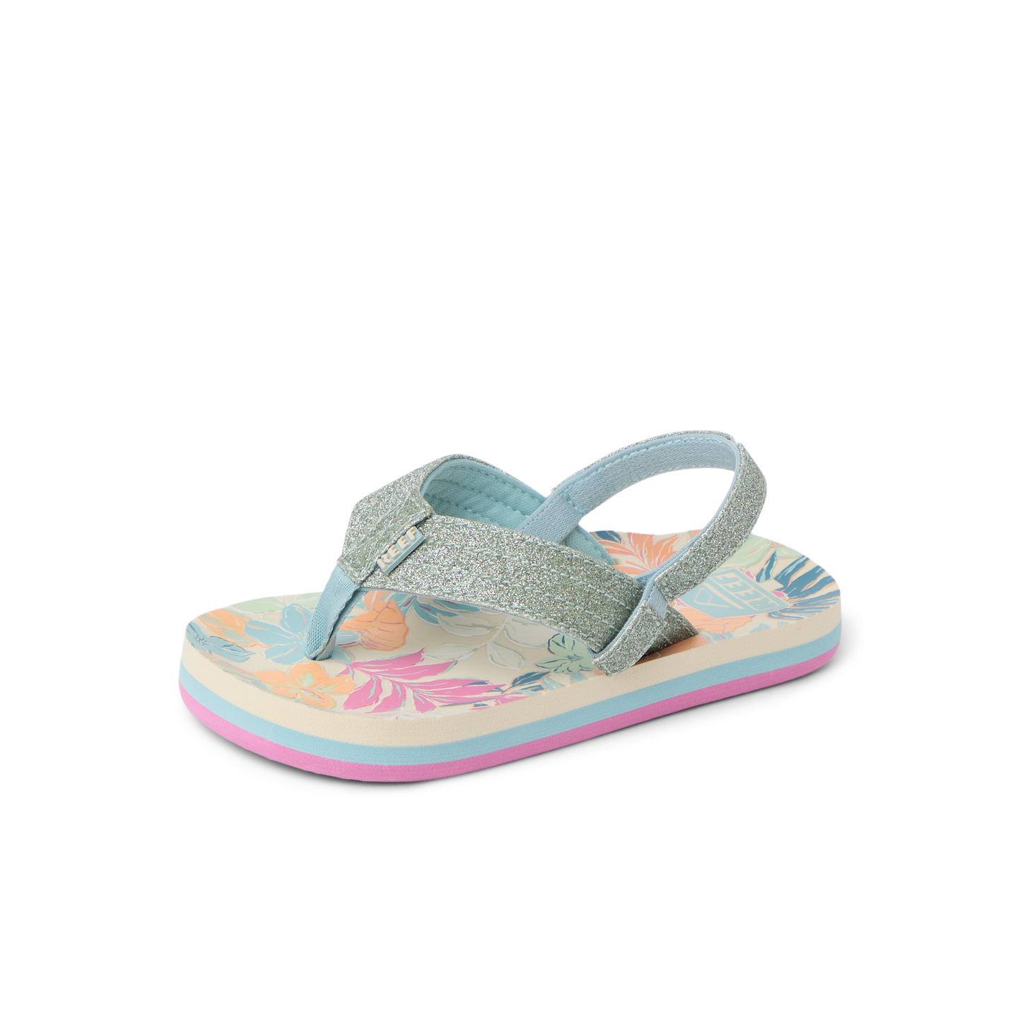 Little Ahi girls' sandal facing right, tropical floral footbed with glittery straps, lightweight and comfort-focused design.
