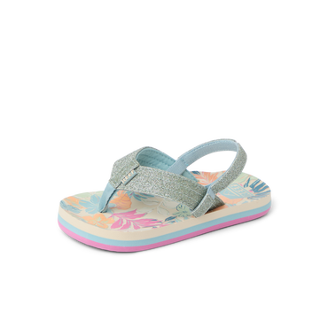 Little Ahi girls' sandal facing right, tropical floral footbed with glittery straps, lightweight and comfort-focused design.