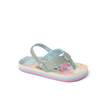 Little Ahi girls' sandal facing left, showing tropical floral footbed and glittery straps with arch support.