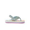 Little Ahi girls’ sandal facing left, featuring tropical floral footbed and cushioned arch support for beach comfort.