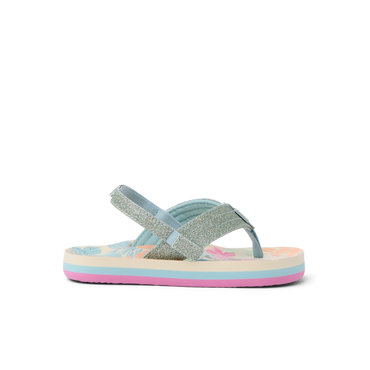 Little Ahi girls’ sandal facing left, featuring tropical floral footbed and cushioned arch support for beach comfort.