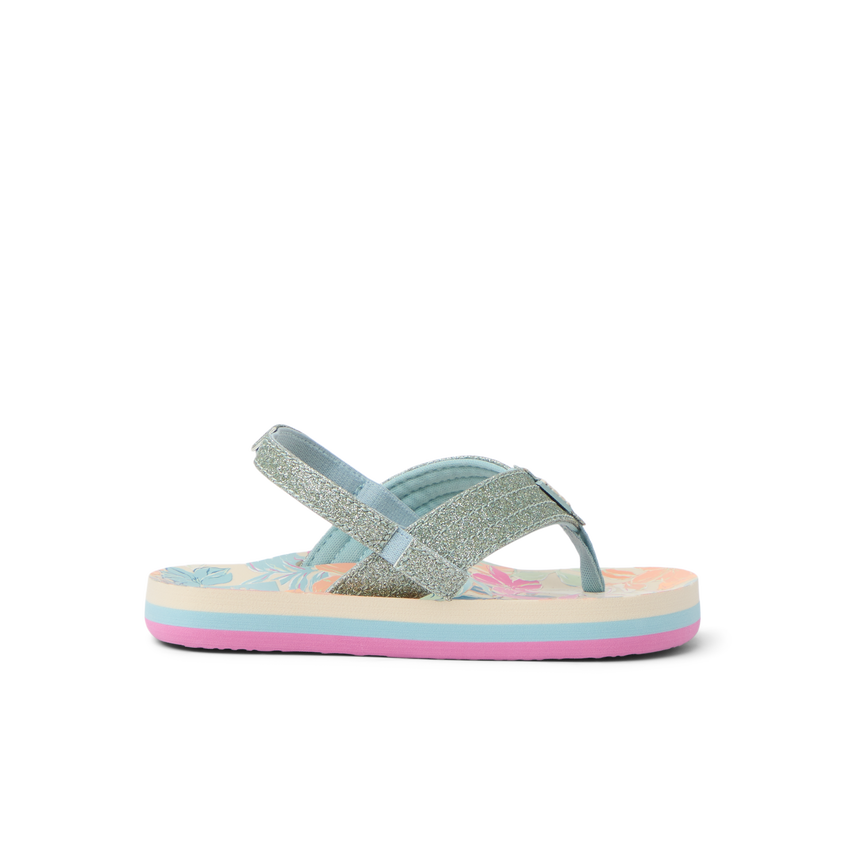 Little Ahi girls’ sandal facing left, featuring tropical floral footbed and cushioned arch support for beach comfort.