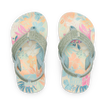 Top view of Little Ahi girls' sandals with tropical floral print footbed and glittery straps, designed for comfort and beach use.