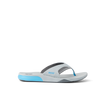 Side view of right-facing Cushion Fanning sandal with blue and gray surf-inspired design and extra cushioning for comfort